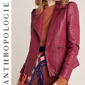 Anthropologie Wine Colored Petula Puff Sleeve Faux Leather Moto Jacket